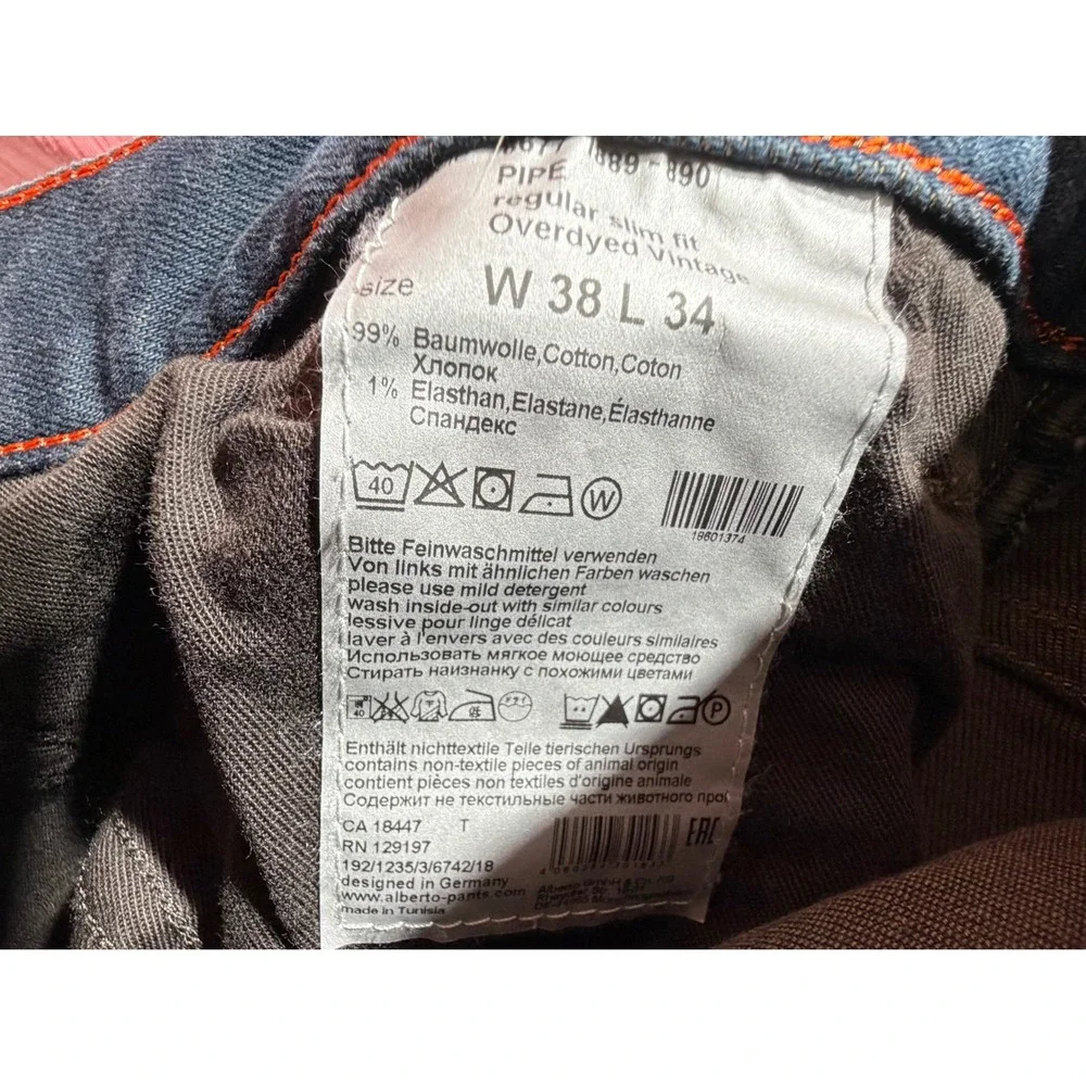 Alberto Pipe Regular Slim Fit Jeans 38x34 Overdyed Vintage Wash Urban Modern NWT
